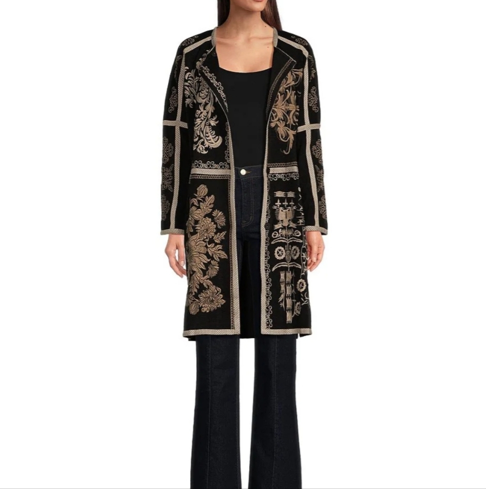 NWT Johnny Was  Biya Embroidered Knit Long Sleeve Open Front Boxy Sweater Kimono